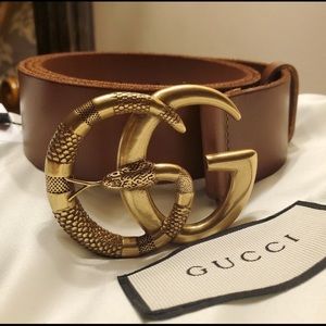 NEW GUCCI TAN SNAKE GOLD BRASS BELT